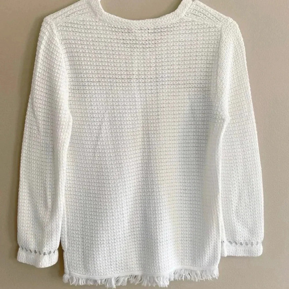 J. CREW | Boho White Cotton Fringe Crewneck Knit Sweater Long Sleeve Size Small - Picture 7 of 10